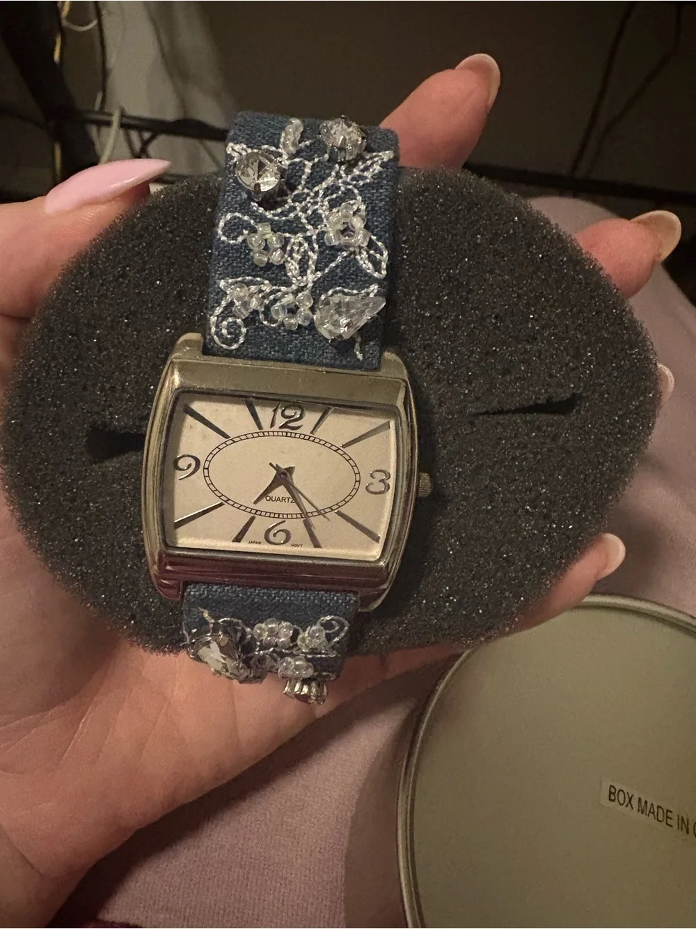 Crystal-Embellished Blue Fabric Strap Women's Watch - Unknown Brand